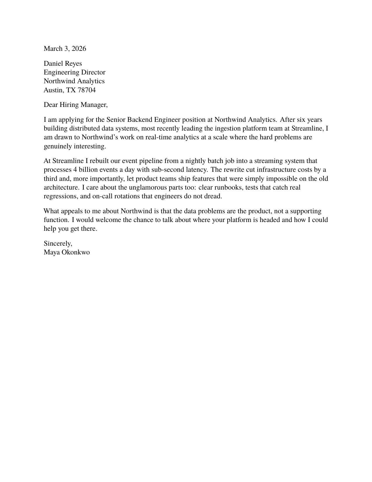 First page of the cover letter